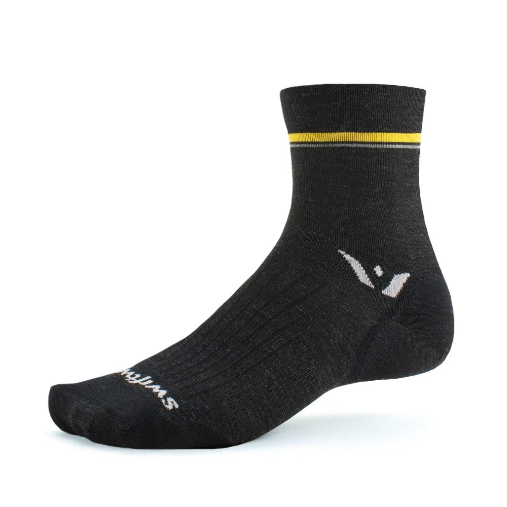 pursuit sock four 4'' ultralight sock in charcoal with retro yellow stripe